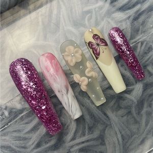 XL coffin pink press on nails acrylic flowers marble french tip butterfly custom
